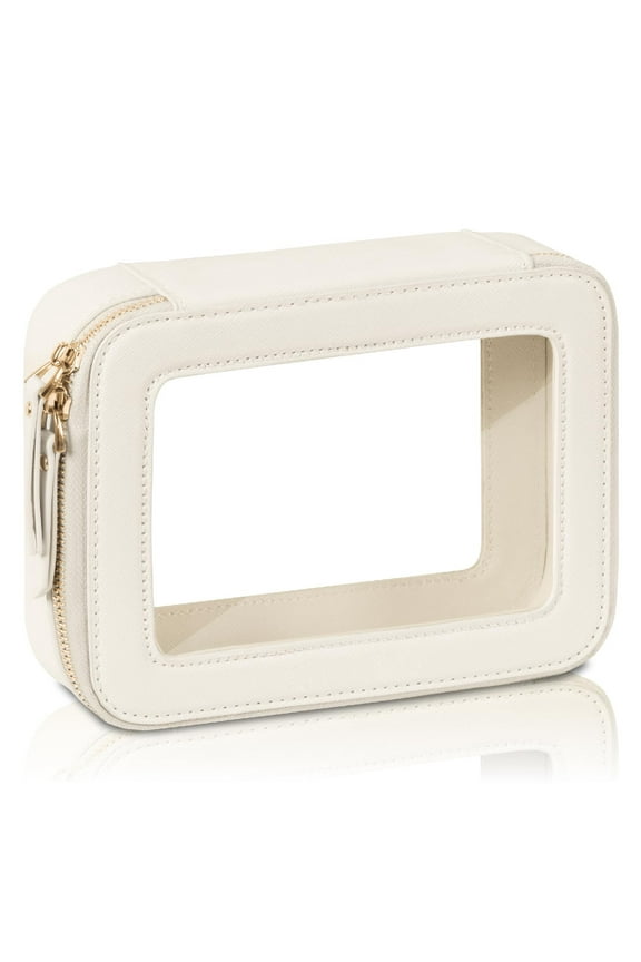 Clear Makeup Bag Organizer Travel Toiletry Bag Cosmetic Bag for Women Waterproof Portable Make up Skincare Pouch Car Organizer Bag with Golden Zippers for Essentials, off White