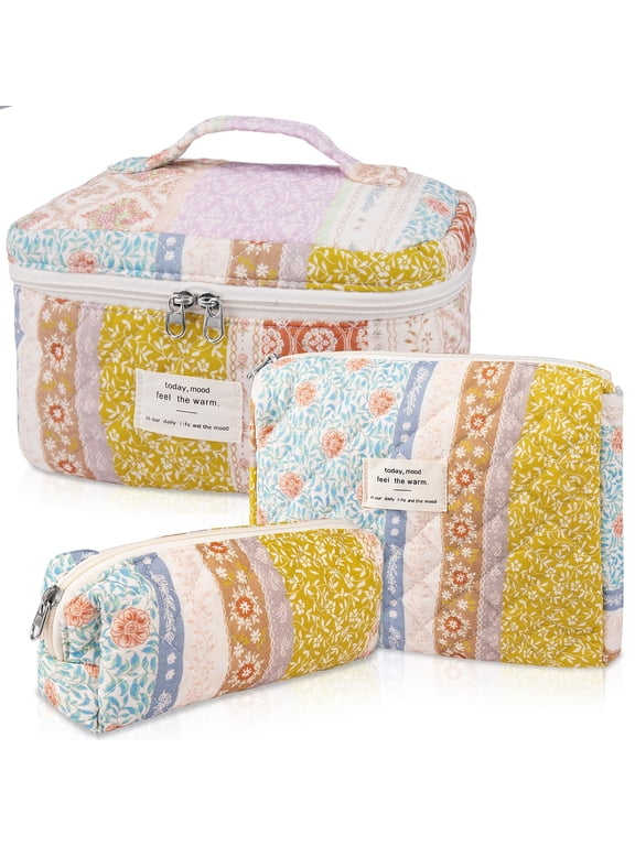 Makeup Bag Large Quilted Cosmetic Bag Floral Make up Bag for Women Cute Cotton Makeup Bag Set Travel Toiletry Organizer Bag, Flower Stitching