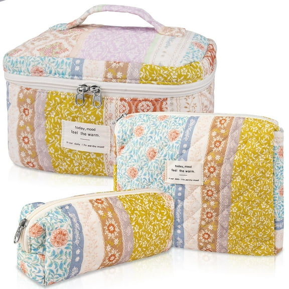 Soda Candy Makeup Bag Large Quilted Cosmetic Bag Floral Make up Bag for Women Cute Cotton Makeup Bag Set Travel Toiletry Organizer Bag, Flower Stitching