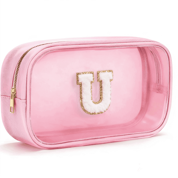 Soda Candy Initial Clear Makeup Bag Personalized Preppy Cosmetic Bag Travel Toiletry Bag Waterproof PU Large Make up Pouch Bag for Purse Birthday Xmas Gift Cute Stuff for Women, Pink, U