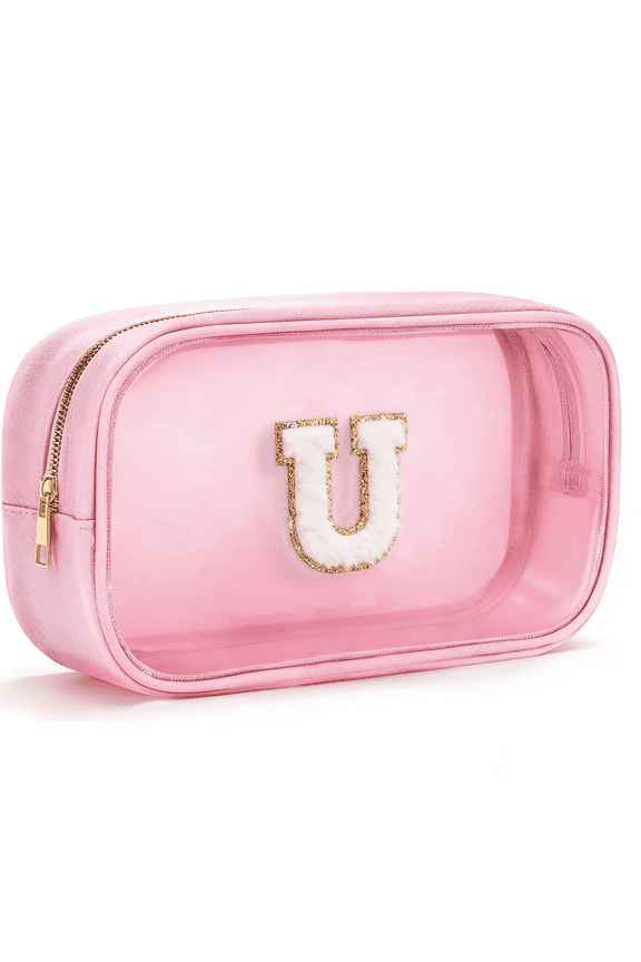 Initial Clear Makeup Bag Personalized Preppy Cosmetic Bag Travel Toiletry Bag Waterproof PU Large Make up Pouch Bag for Purse Birthday Xmas Gift Cute Stuff for Women, Pink, U