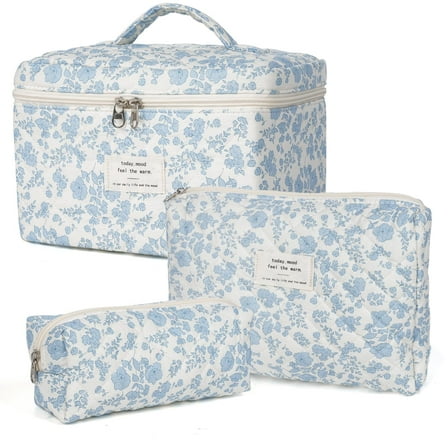 Soda Candy Makeup Bag Large Quilted Cosmetic Bag Floral Make up Bag for Women Cute Cotton Makeup Bag Set Travel Toiletry Organizer Bag, Blue White