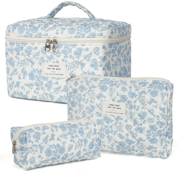 Soda Candy Makeup Bag Large Quilted Cosmetic Bag Floral Make up Bag for Women Cute Cotton Makeup Bag Set Travel Toiletry Organizer Bag, Blue White
