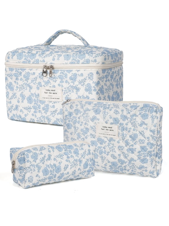 Makeup Bag Large Quilted Cosmetic Bag Floral Make up Bag for Women Cute Cotton Makeup Bag Set Travel Toiletry Organizer Bag, Blue White