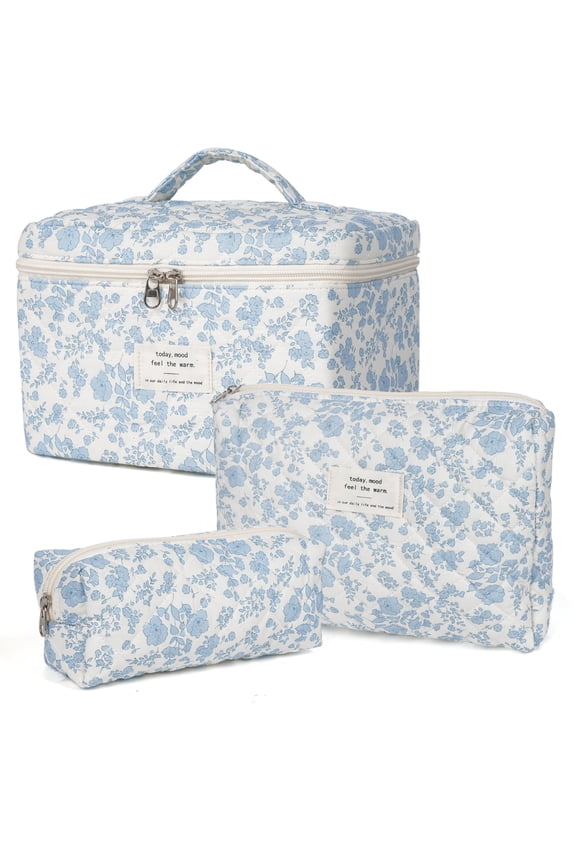 Makeup Bag Large Quilted Cosmetic Bag Floral Make up Bag for Women Cute Cotton Makeup Bag Set Travel Toiletry Organizer Bag, Blue White