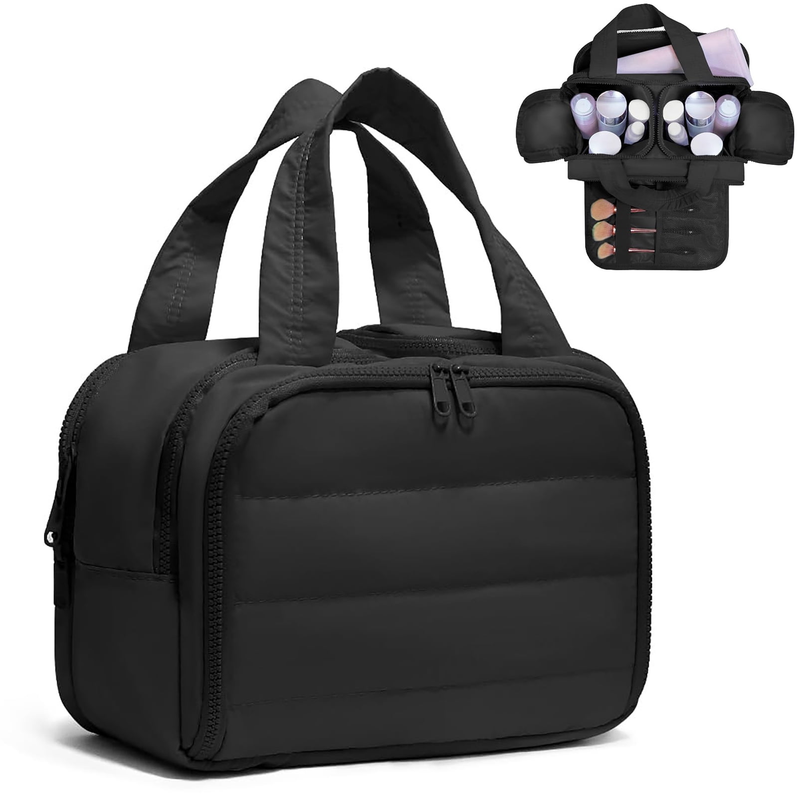 Soda Candy Travel Toiletry Bag Lightweight Large Wide Open Travel Bag for Women Puffy Cosmetic Makeup Bag Organizer with Handle for Accessories, Essentials, Toiletries, Black