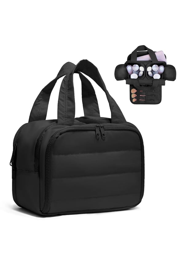 Travel Toiletry Bag Lightweight Large Wide Open Travel Bag for Women Puffy Cosmetic Makeup Bag Organizer with Handle for Accessories, Essentials, Toiletries, Black