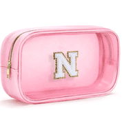 Soda Candy Initial Clear Makeup Bag Personalized Preppy Cosmetic Bag Travel Toiletry Bag Waterproof PU Large Make up Pouch Bag for Purse Birthday Xmas Gift Cute Stuff for Women, Pink, N