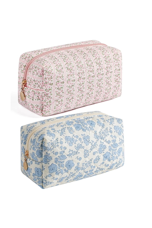 Makeup Bag Travel Toiletry Bag for Women Small Cosmetic Bags Cute Quilted Cotton Makeup Pouch Zipper Floral Portable Storage Cosmetic Travel Cloth Bag
