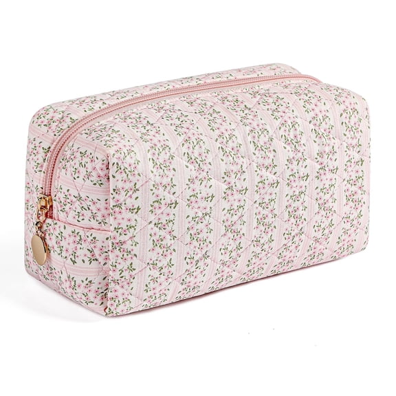 Soda Candy Quilted Makeup Bag Travel Toiletry Bag for Women Cute Floral Flowers Cosmetic Bag Cotton Makeup Pouch Zipper Portable Storage Small Travel Bag Pencil Bag