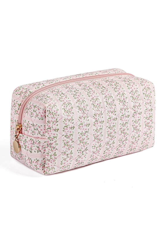 Quilted Makeup Bag Travel Toiletry Bag for Women Cute Floral Flowers Cosmetic Bag Cotton Makeup Pouch Zipper Portable Storage Small Travel Bag Pencil Bag