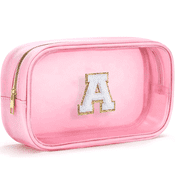 Soda Candy Initial Clear Makeup Bag Personalized Preppy Cosmetic Bag Travel Toiletry Bag Waterproof PU Large Make up Pouch Bag for Purse Birthday Xmas Gift Cute Stuff for Women, Pink, A