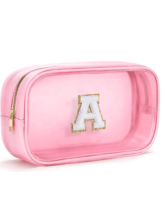 Initial Clear Makeup Bag Personalized Preppy Cosmetic Bag Travel Toiletry Bag Waterproof PU Large Make up Pouch Bag for Purse Birthday Xmas Gift Cute Stuff for Women, Pink, A