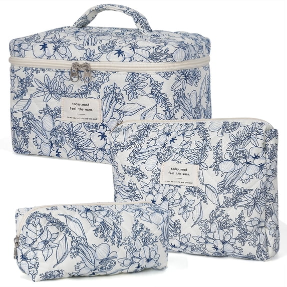 Soda Candy Makeup Bag Large Quilted Cosmetic Bag Floral Make up Bag for Women Cute Cotton Makeup Bag Set Travel Toiletry Organizer Bag, Blue