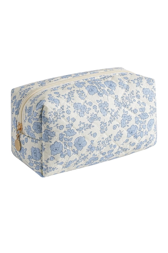 Quilted Makeup Bag Travel Toiletry Bag for Women Cute Floral Flowers Cosmetic Bag Cotton Makeup Pouch Zipper Portable Storage Small Travel Bag Pencil Bag
