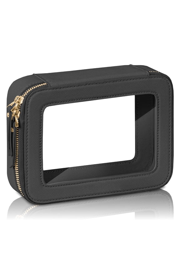 Clear Makeup Bag Organizer Travel Toiletry Bag Cosmetic Bag for Women Waterproof Portable Make op Skincare Pouch Car Organizer Bag with Golden Zippers for Essentials, Black