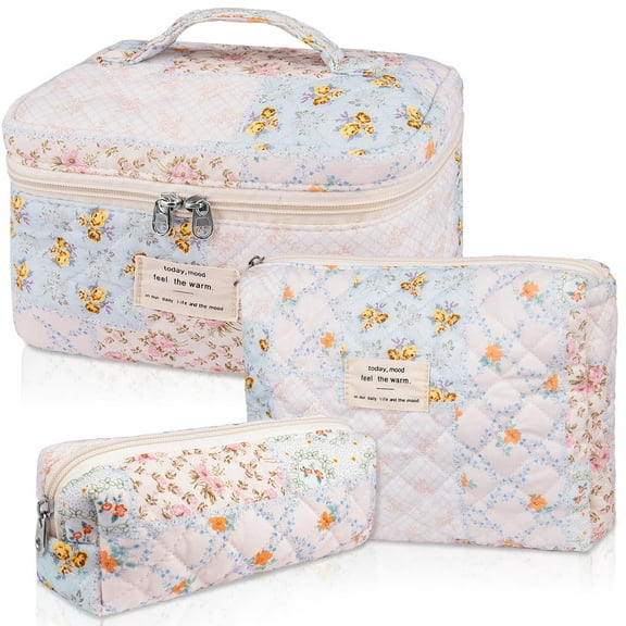 Soda Candy Makeup Bag Large Quilted Cosmetic Bag Floral Make up Bag for Women Cute Cotton Makeup Bag Set Travel Toiletry Organizer Bag, Patchwork Floral