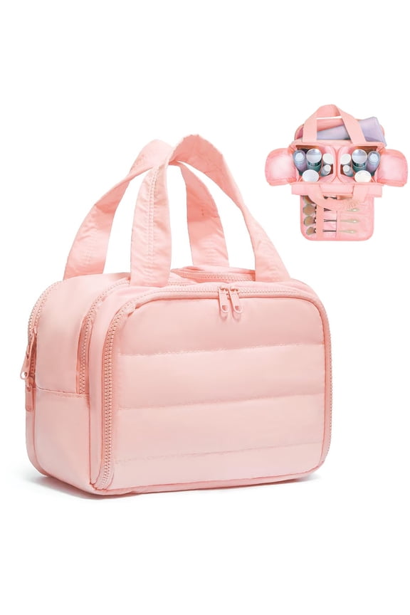 Travel Toiletry Bag Lightweight Large Wide Open Travel Bag for Women Puffy Cosmetic Makeup Bag Organizer with Handle for Accessories, Essentials, Toiletries, Pink
