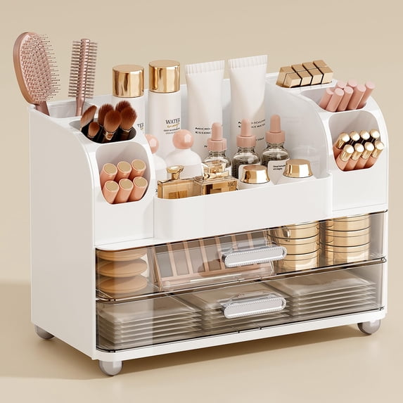 Soda Candy Makeup Organizer for Vanity with 2 Large Drawers & Brush Holder, Countertop Cosmetic Storage for Bathroom & Dresser, Multi-Purpose Organizer for Lipsticks, Perfumes, Eyeshadows, Skincare