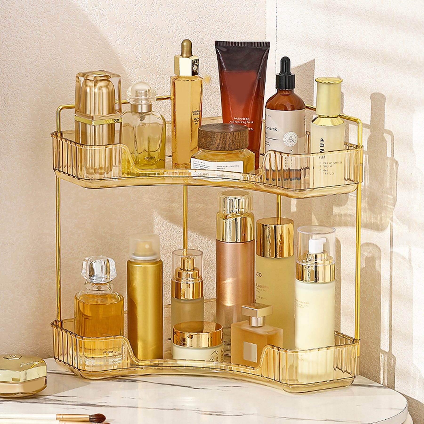 Soda Candy Corner Makeup Organizer for Vanity Countertop Space Saving Cosmetic Storage Organizer for Dresser Bathroom Kitchen, 2 Tier