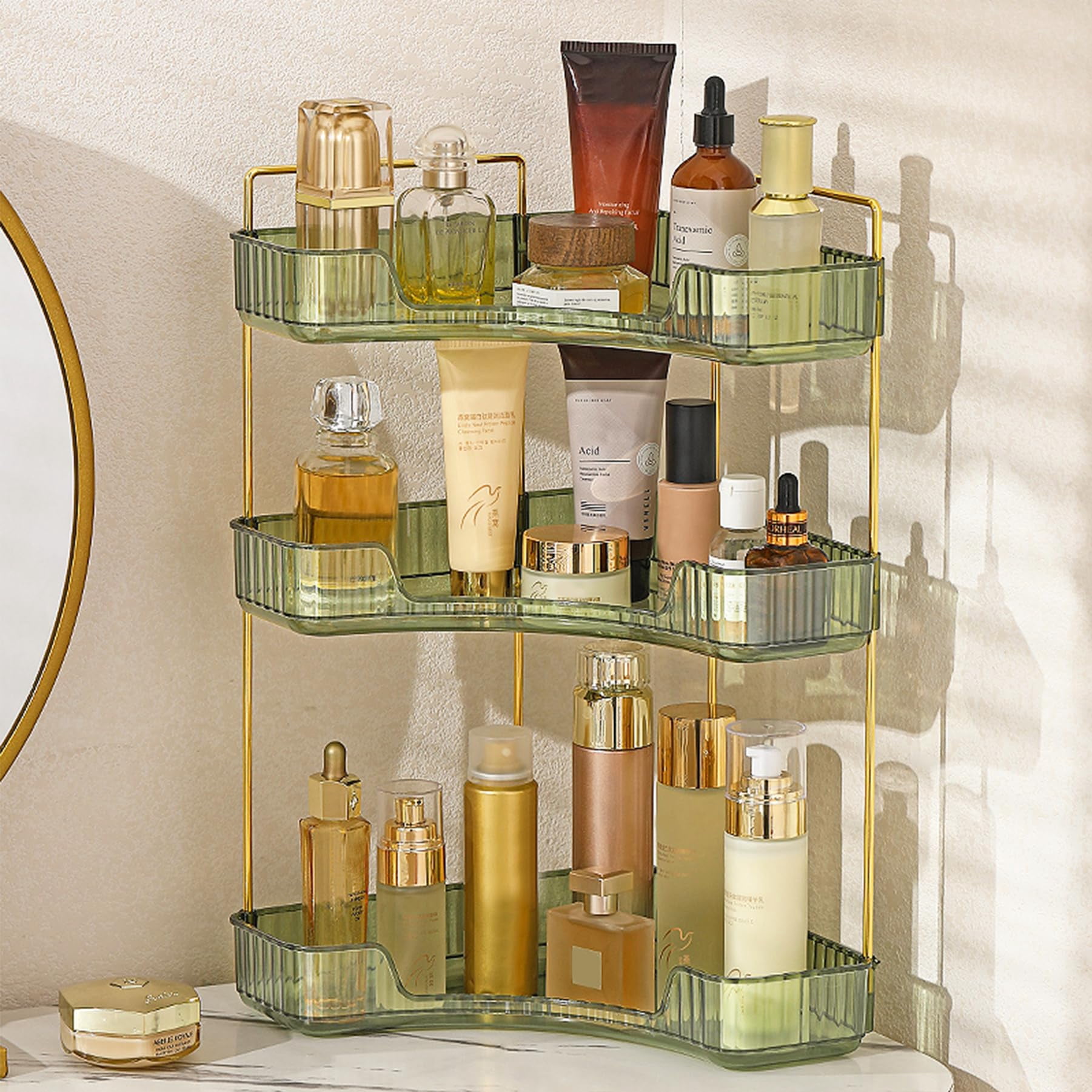 Soda Candy Corner Makeup Organizer for Vanity Countertop Space Saving Cosmetic Storage Organizer for Dresser Bathroom Kitchen, 3 Tier
