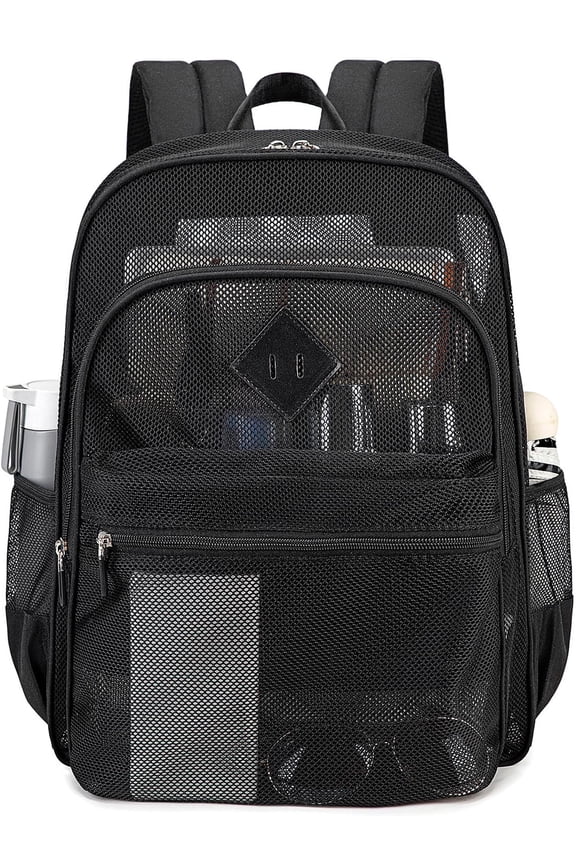Mesh Backpack Heavy Duty See Through School Backpacks Transparent Bookbag Semi-Transparent Net Book Bags for Swimming, Beach, Sports, Work, Travel, Black