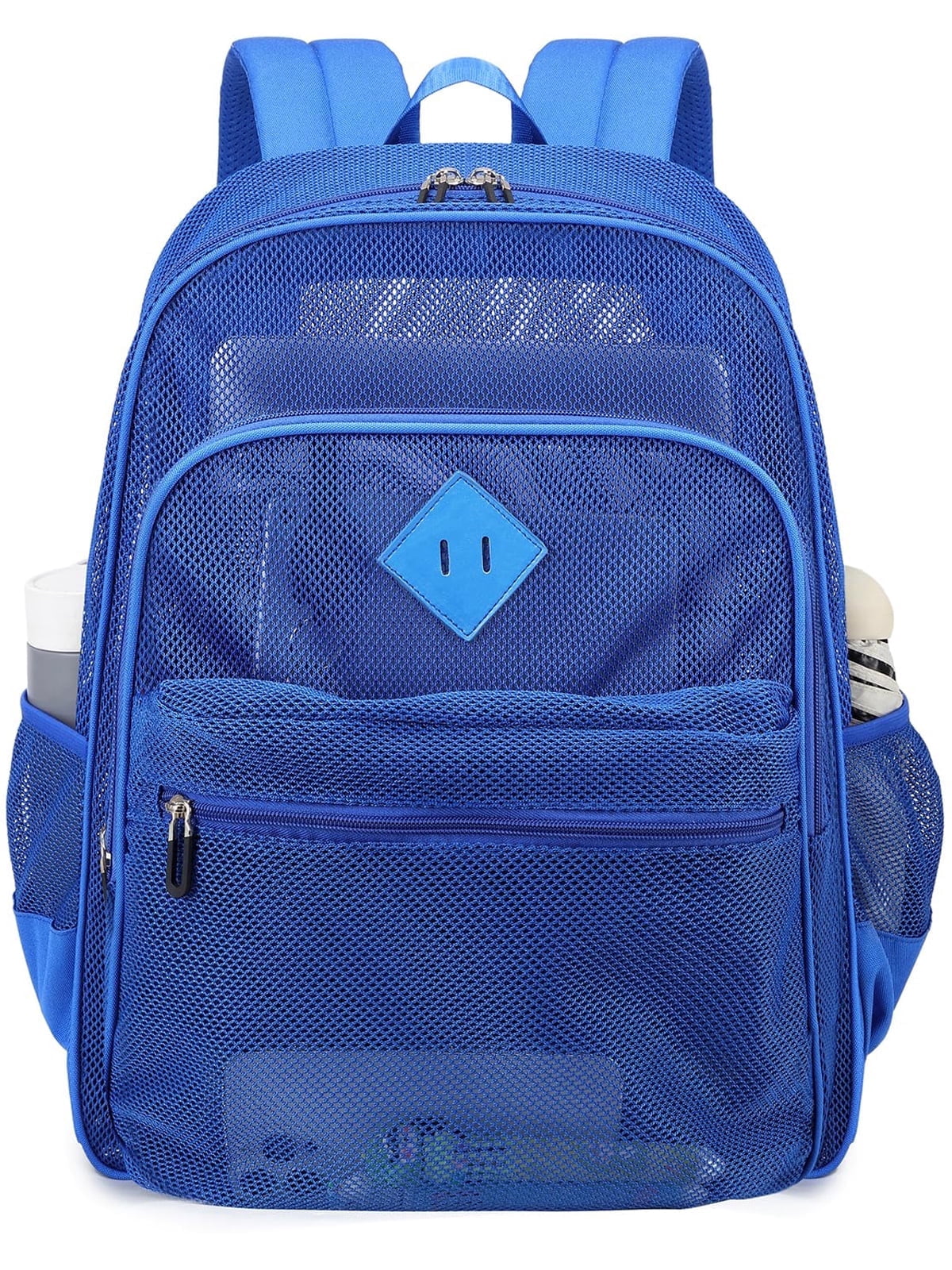 Soda Candy Mesh Backpack Heavy Duty See Through School Backpacks Transparent Bookbag Semi-Transparent Net Book Bags for Swimming, Beach, Sports, Work, Travel, Blue