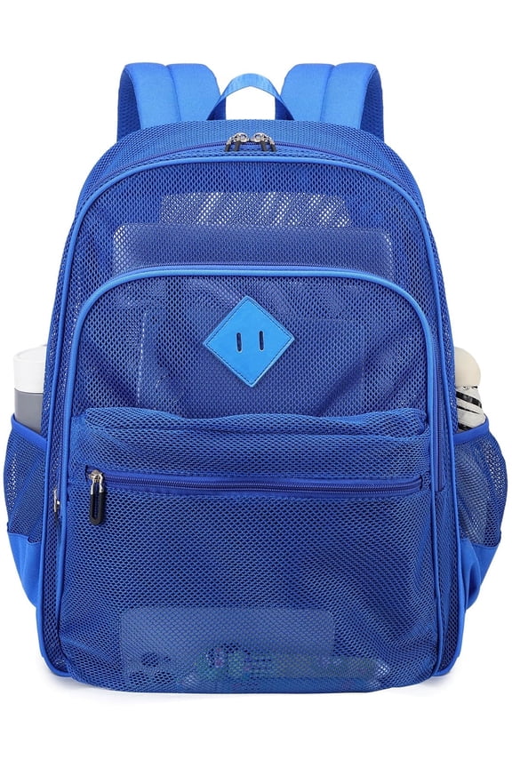 Mesh Backpack Heavy Duty See Through School Backpacks Transparent Bookbag Semi-Transparent Net Book Bags for Beach, Work, Blue