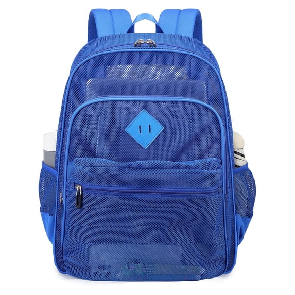 Soda Candy Mesh Backpack Heavy Duty See Through School Backpacks Transparent Bookbag Semi-Transparent Net Book Bags for Swimming, Beach, Sports, Work, Travel, Blue