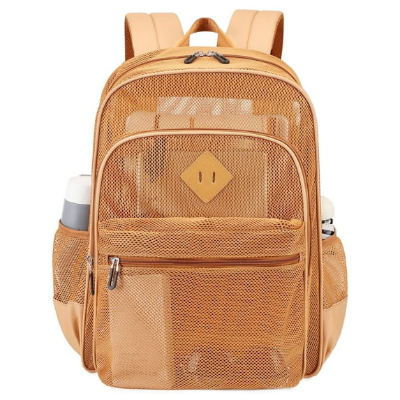 Soda Candy Mesh Backpack Heavy Duty See Through School Backpacks Transparent Bookbag Semi-Transparent Net Book Bags for Swimming, Beach, Sports, Work, Travel, Khaki