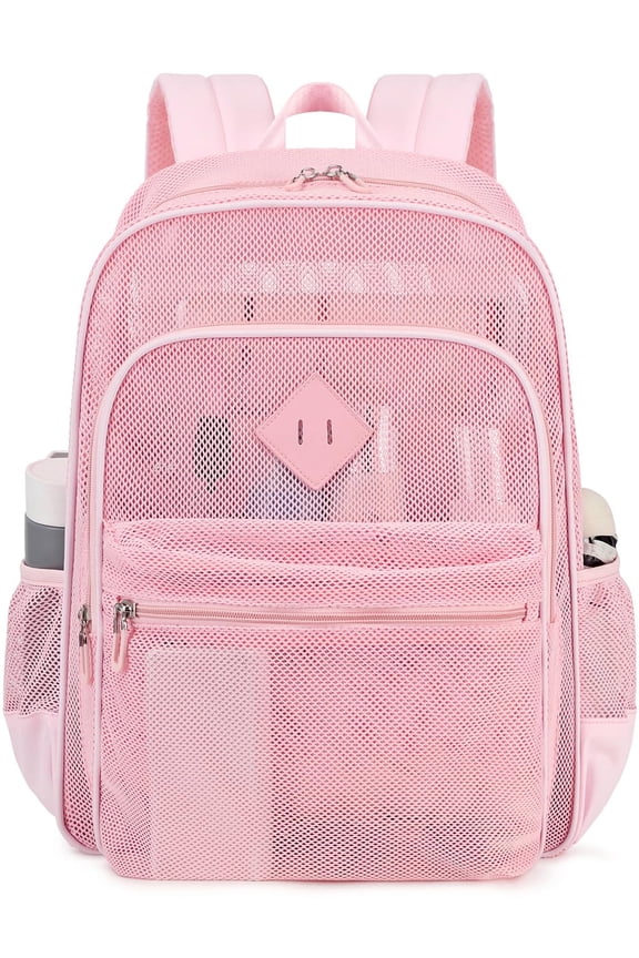 Mesh Backpack Heavy Duty See Through School Backpacks Transparent Bookbag Semi-Transparent Net Book Bags for Swimming, Beach, Sports, Work, Travel, Pink