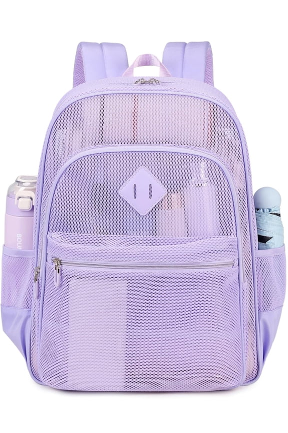 Mesh Backpack Heavy Duty See Through School Backpacks Transparent Bookbag Semi-Transparent Net Book Bags for Swimming, Beach, Sports, Work, Travel, Purple