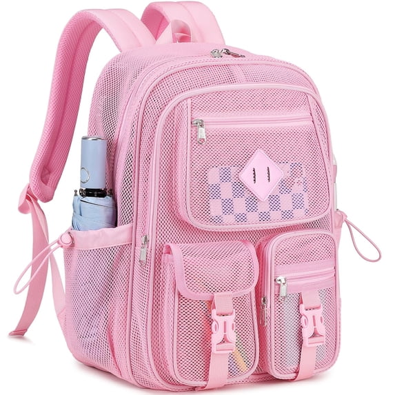 Soda Candy Mesh Backpacks for School Heavy Duty See Through Net Bookbag Semi-Transparent Net Back Pack for Beach, Work, Pink