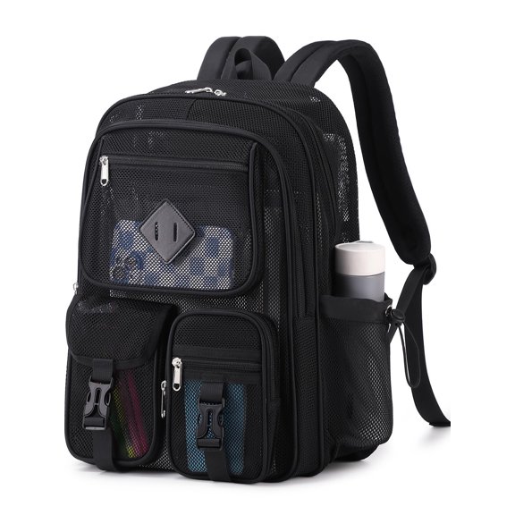 Soda Candy Mesh Backpacks for School Heavy Duty See Through Net Bookbag Semi-Transparent Net Back Pack for Beach, Swimming, Sports, Work, Travel, Black