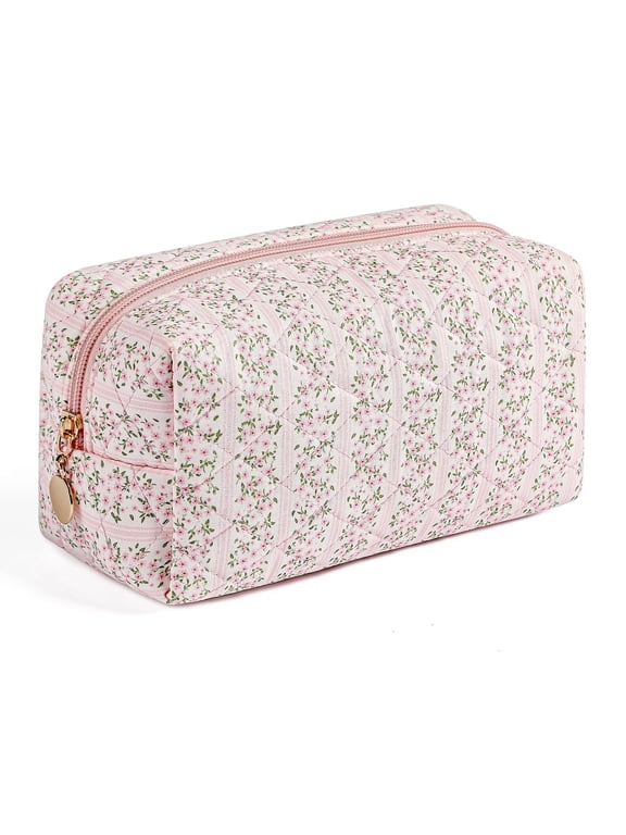Quilted Makeup Bag Travel Toiletry Bag for Women Cute Floral Flowers Cosmetic Bag Cotton Makeup Pouch Zipper Portable Storage Small Travel Bag Pencil Bag