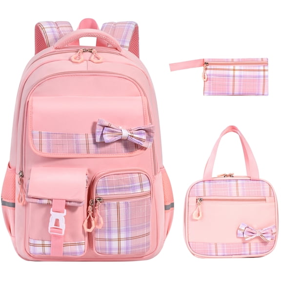 Soda Candy School Backpack Set for Girls Cute Bow Water Resistant Kids Bookbag with Lunch Bag Pencil Case for Elementary Middle, Pink, 3pcs