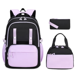 Set de 3 mochilas para niñas con lonchera y cartuchera, mochilas para primaria y secundaria, linda kawaii de gran capacidad con tira reflectante, negro y morado
