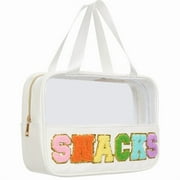 Soda Candy Toiletry Bag, Large Waterproof Clear Makeup Bag for Women Preppy Patch Cosmetic Bag Chenille Letter Snack Bag for Travel