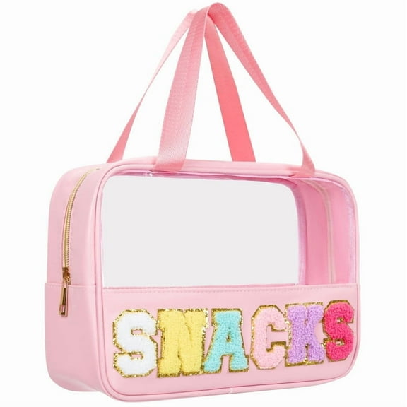 Soda Candy Toiletry Bag, Large Waterproof Clear Makeup Bag for Women Preppy Patch Cosmetic Bag Chenille Letter Snack Bag for Travel