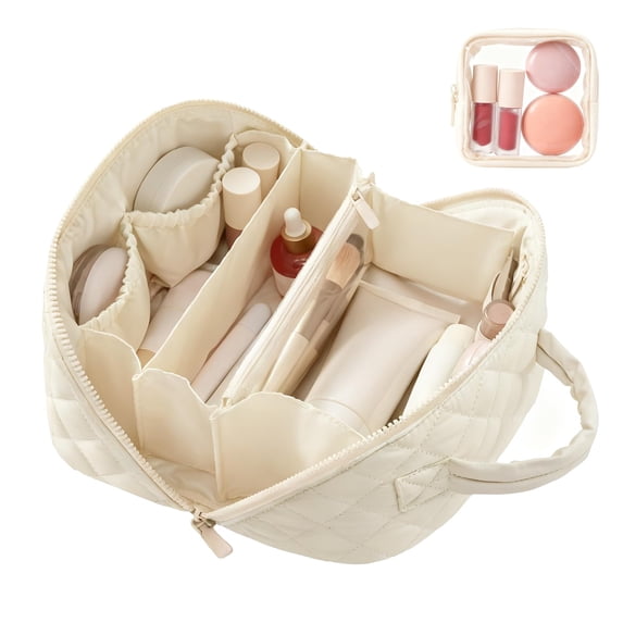 Soda Candy Travel Makeup Bags for Women 180° Wide-Open Puffer Toiletry Bag Set 2Pcs Large Water Resistant Cosmetic Bag, Travel Essentials for Toiletries Accessories Storage, Beige