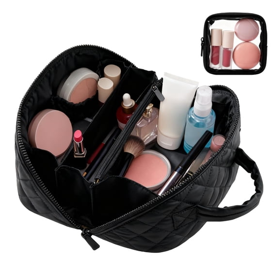 Soda Candy Travel Makeup Bags for Women 180° Wide-Open Puffer Toiletry Bag Set 2Pcs Large Water Resistant Cosmetic Bag, Travel Essentials for Toiletries Accessories Storage, Black