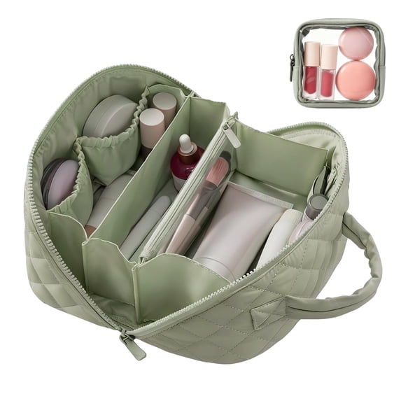 Soda Candy Travel Makeup Bags for Women 180° Wide-Open Puffer Toiletry Bag Set 2Pcs Large Water Resistant Cosmetic Bag, Travel Essentials for Toiletries Accessories Storage, Green