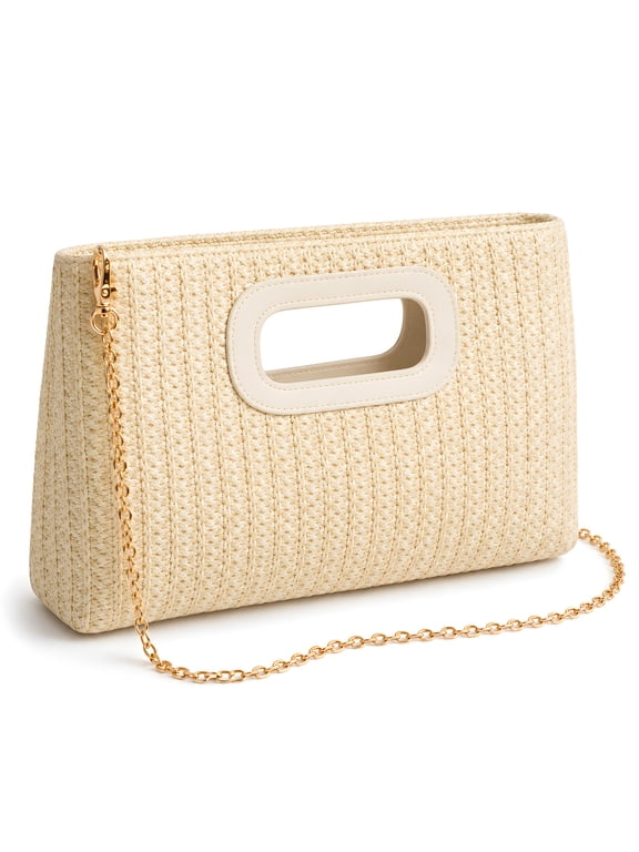 Women Straw Clutch Purse with Top Handle Evening Handbag Shoulder Crossbody Bag with Detachable Gold Chain for Summer Wedding Beach