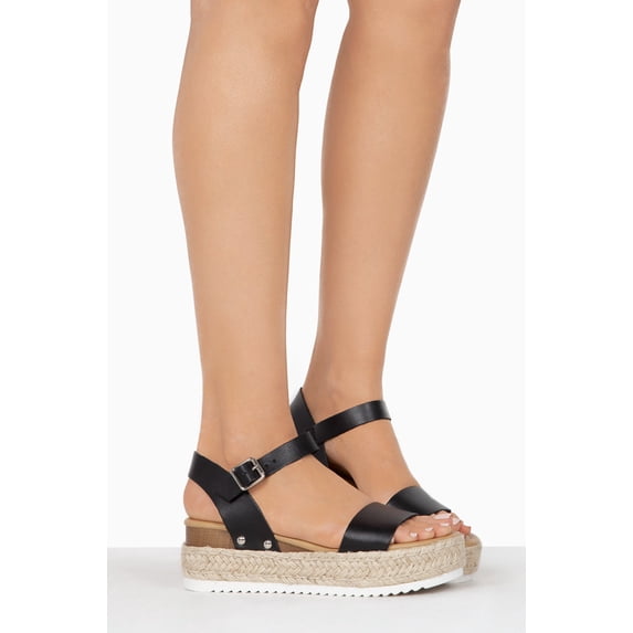 Soda Clip Black Vegan Leather Casual Espadrilles Trim Flatform Wedge Sandals (10, Black-CLP)