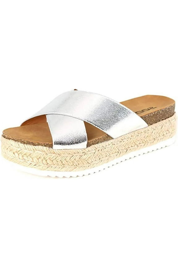 Coky Silver Espadrille Open Toe Platform Flatform Wedge Mule Sandals Women (Silver, 7.5)