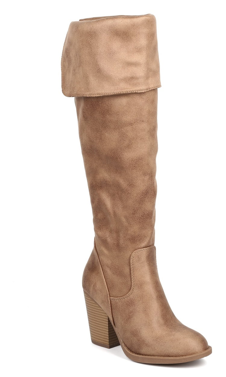 Soda Elsa DC78 Women Suede Fold Over Knee High Chunky Heel Riding Boot