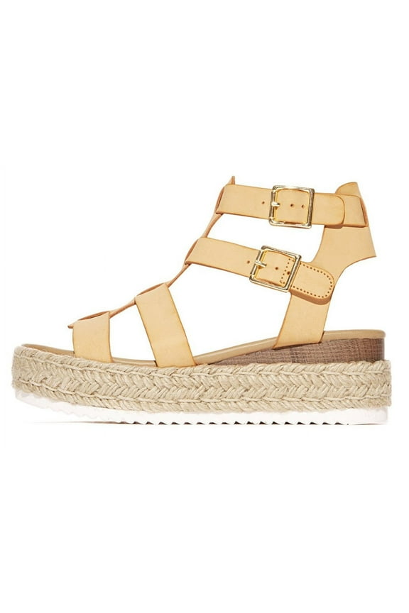 Embassy Nude Pu Caged Open Rounded Toe Ankle Strap Platform Sandals