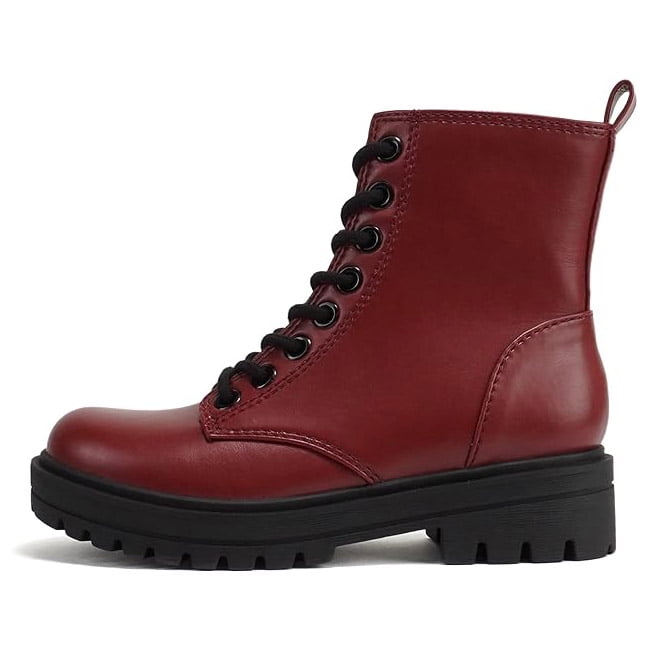 SODA FIRM Women Lace Up Combat Boots with Side Zipper - Burgundy - Size 9.5