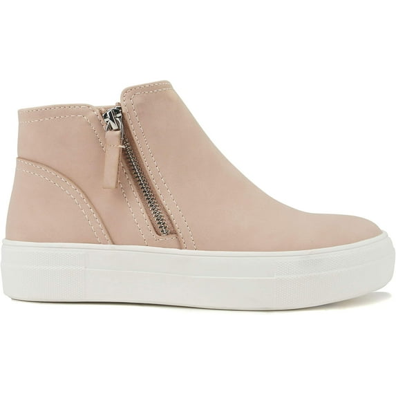 Soda Flat Women Chelsea Shoes Side Zipper Canvas Suede Casual High Top Hidden Platform Sneakers White Sole Flatform Cushion Foam booties ROUTE-G Pink Rose Nude 5.5