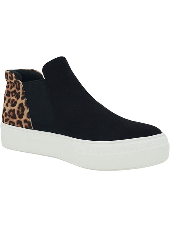 Flat Women Chelsea Shoes Slip On Canvas Casual High Top Hidden Platform Sneakers White Sole Flatform Cushion Foam WOODS-S Cheetah Leopard Black 6.5